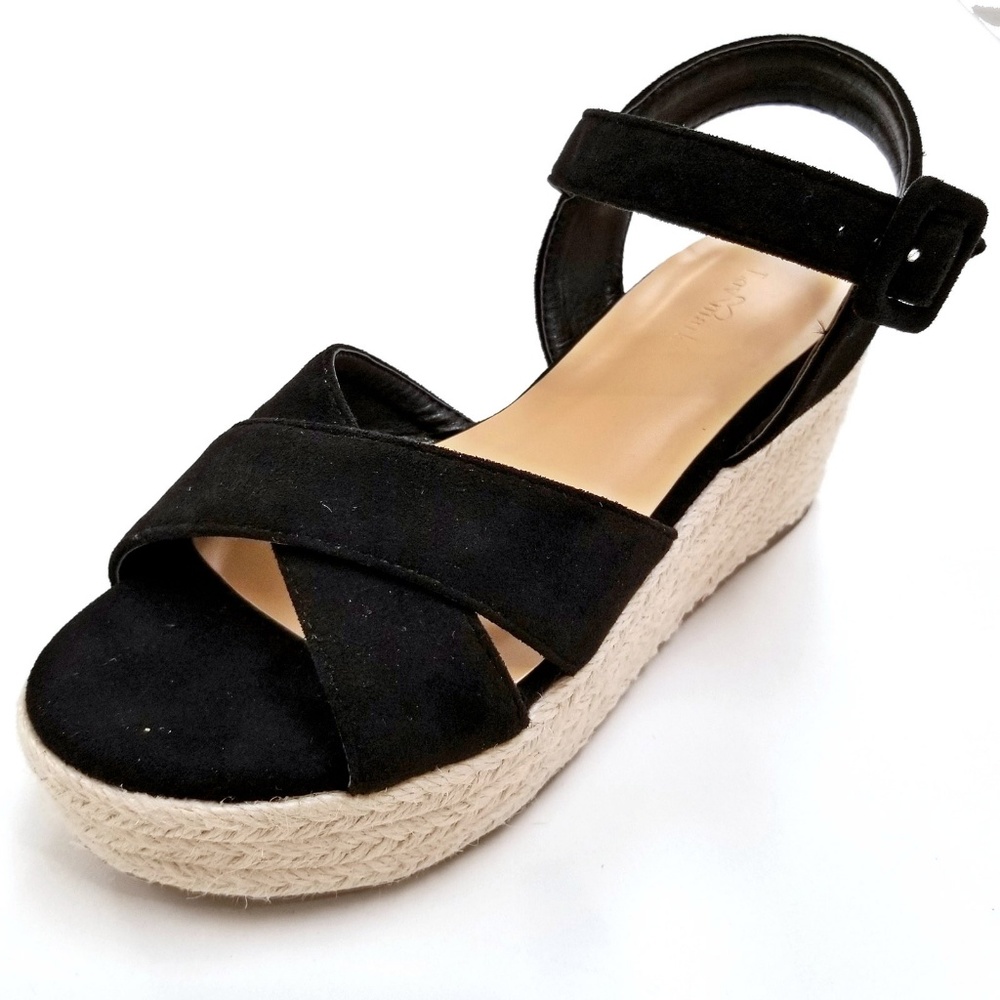 New Black Cross Straps Wedge Espadrille Sandals - Picture 2 of 5